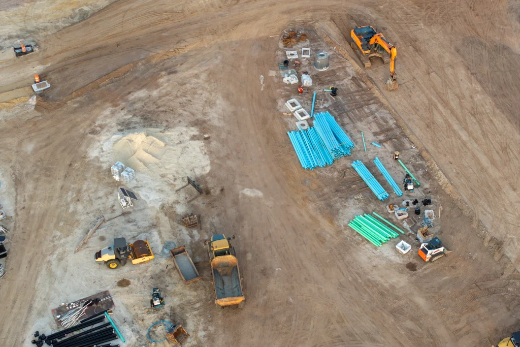 pátio de obra com várias escoras para laje