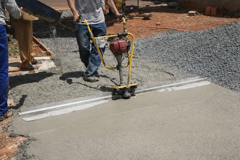 Aplicação prática de aluguel de régua vibratória para concreto em calçada durante obra de pavimentação