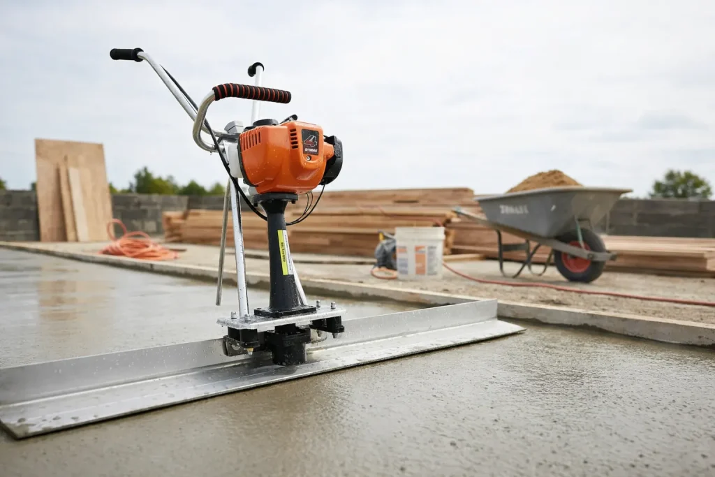 Aluguel de régua vibratória para concreto com motor a gasolina em área de construção com acabamento profissional