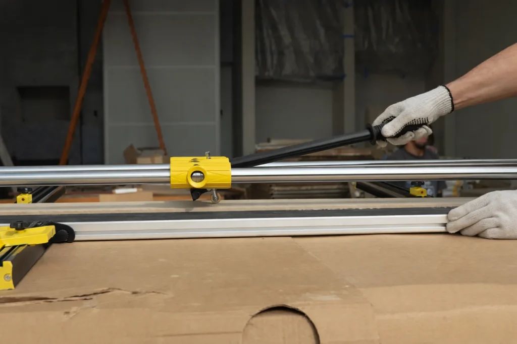 Cortadora de piso profissional sendo usada em obra por pedreiro com luvas de segurança