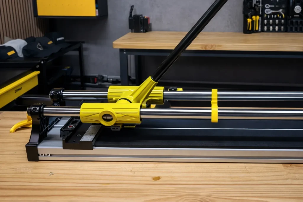 Cortadora de piso profissional sobre bancada em ambiente de oficina