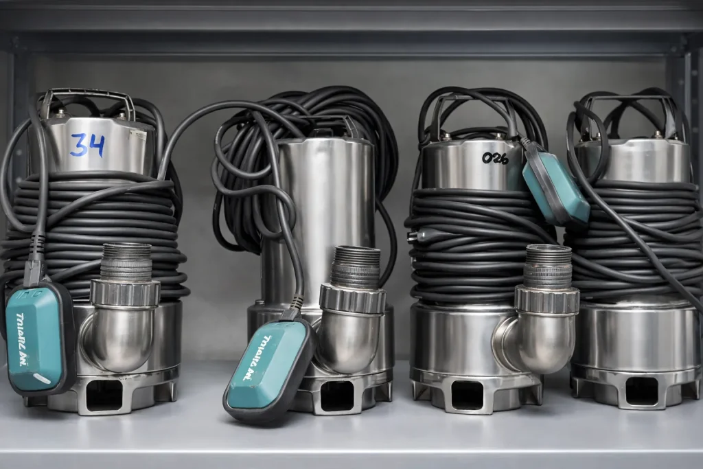 Bombas submersíveis para drenagem de obra – bombas inox organizadas – Conjunto de bombas submersíveis em aço inox alinhadas em prateleira, com cabos enrolados e prontas para uso técnico.