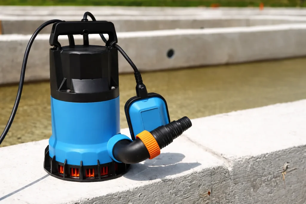 Bombas submersíveis para drenagem de obra – bomba azul sobre concreto – Bomba submersível portátil azul posicionada na borda de estrutura de concreto com reservatório de água ao fundo.