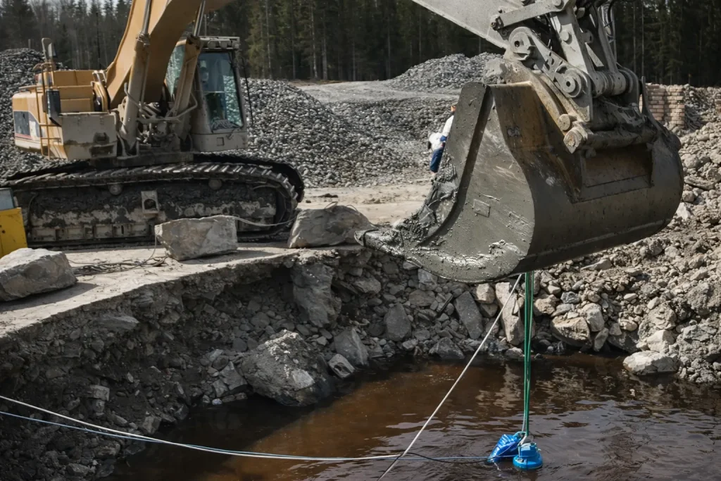 Bombas submersíveis para drenagem de obra – bomba azul em operação no canteiro – Equipamento de drenagem submerso em área alagada sendo instalado com auxílio de escavadeira em terreno rochoso.