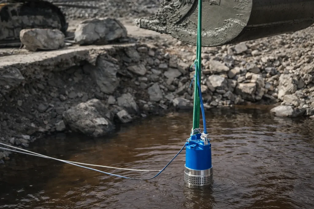 Bombas submersíveis para drenagem de obra – bomba azul em operação no canteiro – Equipamento de drenagem submerso em área alagada sendo instalado com auxílio de escavadeira em terreno rochoso.
