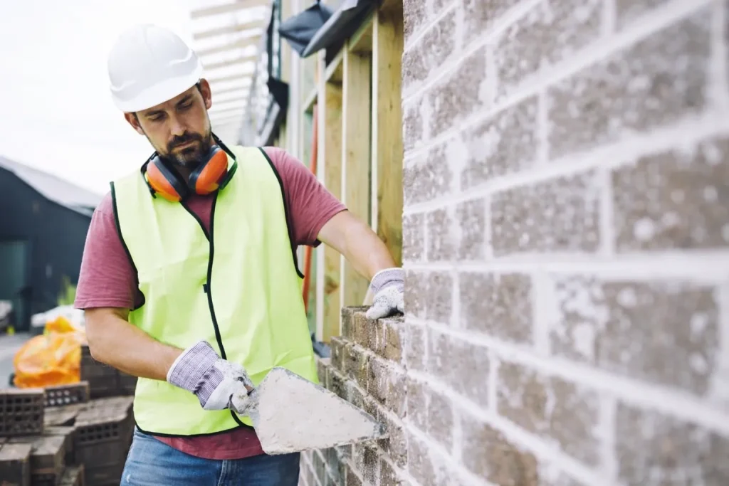 Pedreiro autônomo assentando tijolos com ferramentas de construção