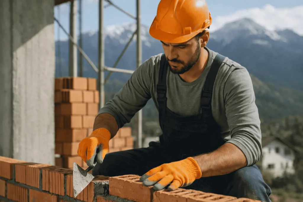 Pedreiro autônomo construindo parede com ferramentas manuais