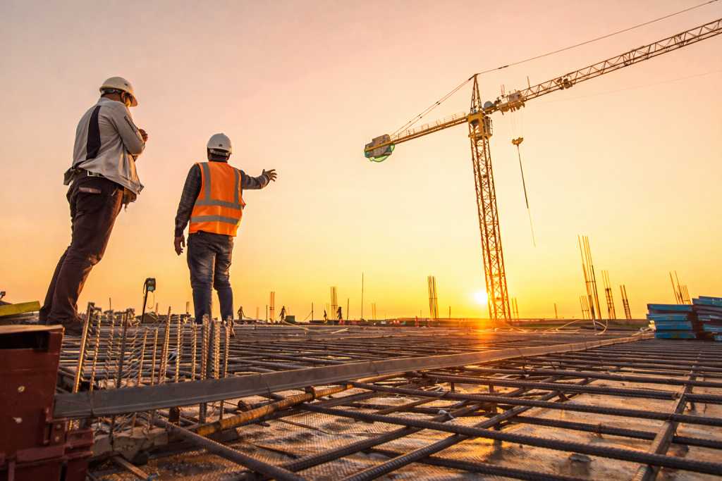 Aluguel de ferramentas para obras públicas em obra de grande porte com estrutura de laje e planejamento técnico.