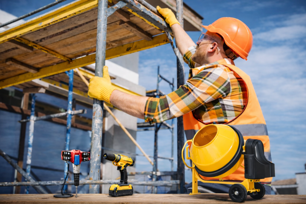 Aluguel de ferramentas para obras públicas com andaimes e ferramentas elétricas em uso seguro na construção civil.