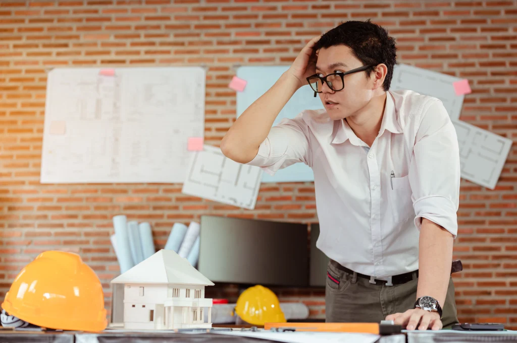 Arquiteto identificando erros de projetos na construção civil ao revisar a maquete e documentos técnicos