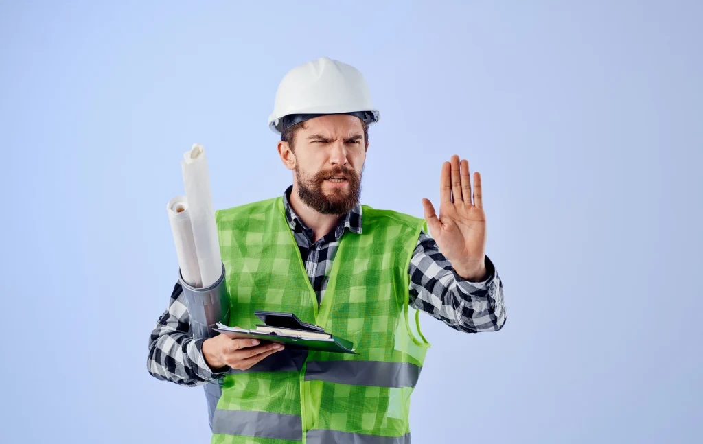 Engenheiro interrompendo a execução ao identificar erros de projetos na construção civil durante a análise das plantas