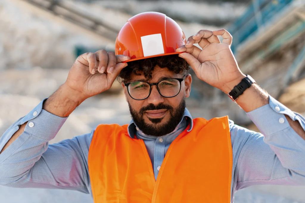 Trabalhador ajustando capacete de segurança no canteiro de obras