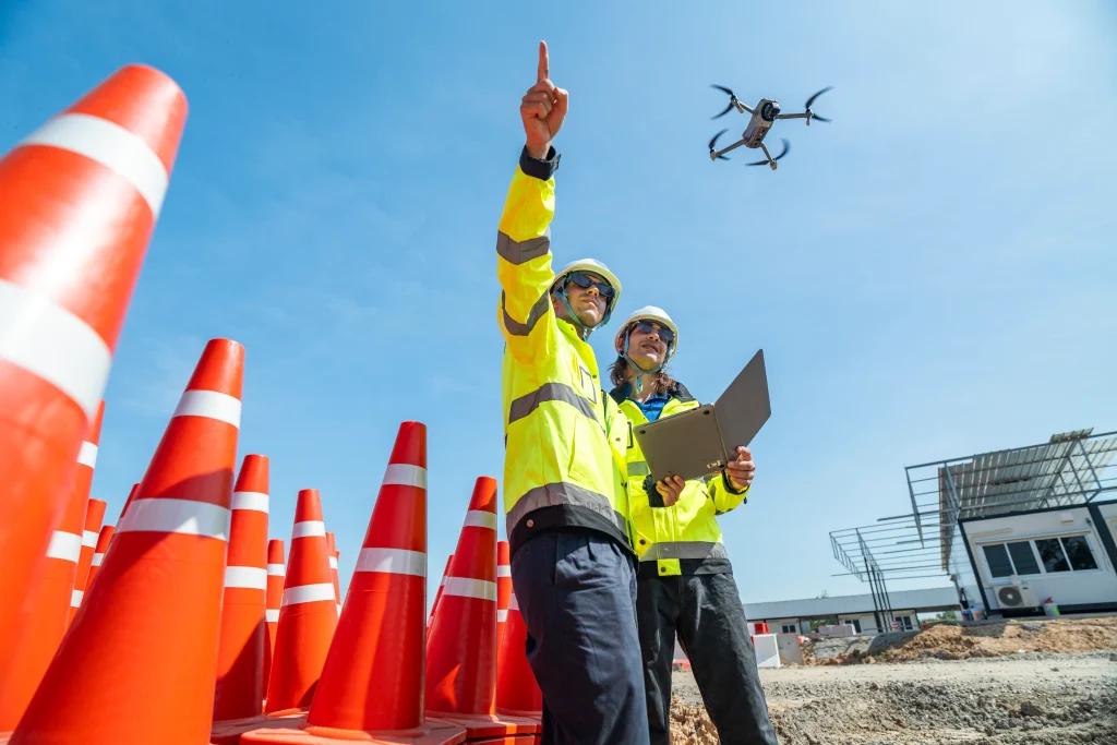 Engenheiros utilizando drone para inspeção aérea dentro das tendências da construção civil para 2026