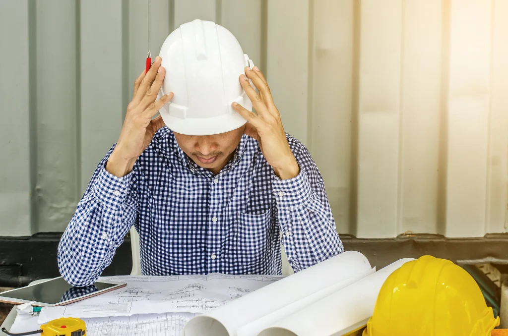 Engenheiro preocupado avaliando erros de projetos na construção civil sobre a mesa de plantas