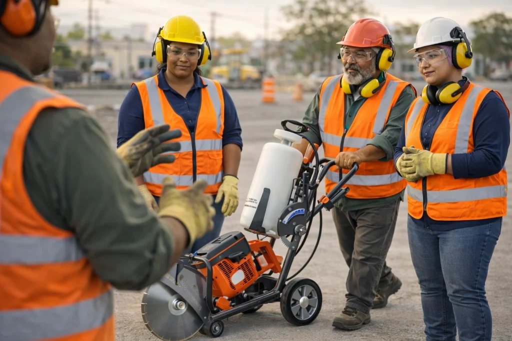 Treinamento de segurança com cortadora à combustão em obra com equipe diversa