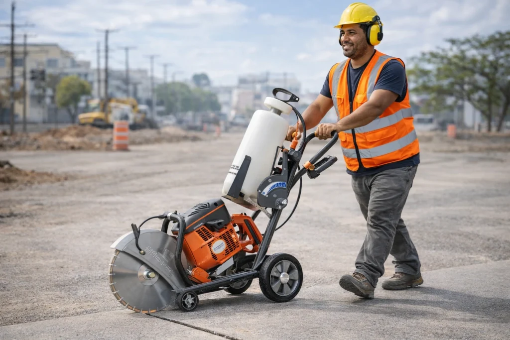 Operador empurrando cortadora à combustão em obra ao ar livre