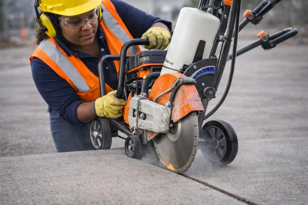 Cortadora à combustão realizando corte preciso em concreto
