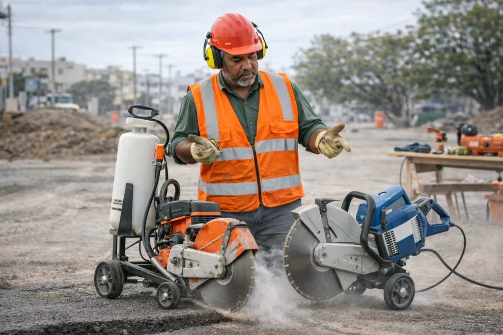 Comparação entre cortadora à combustão e cortadora elétrica em obra