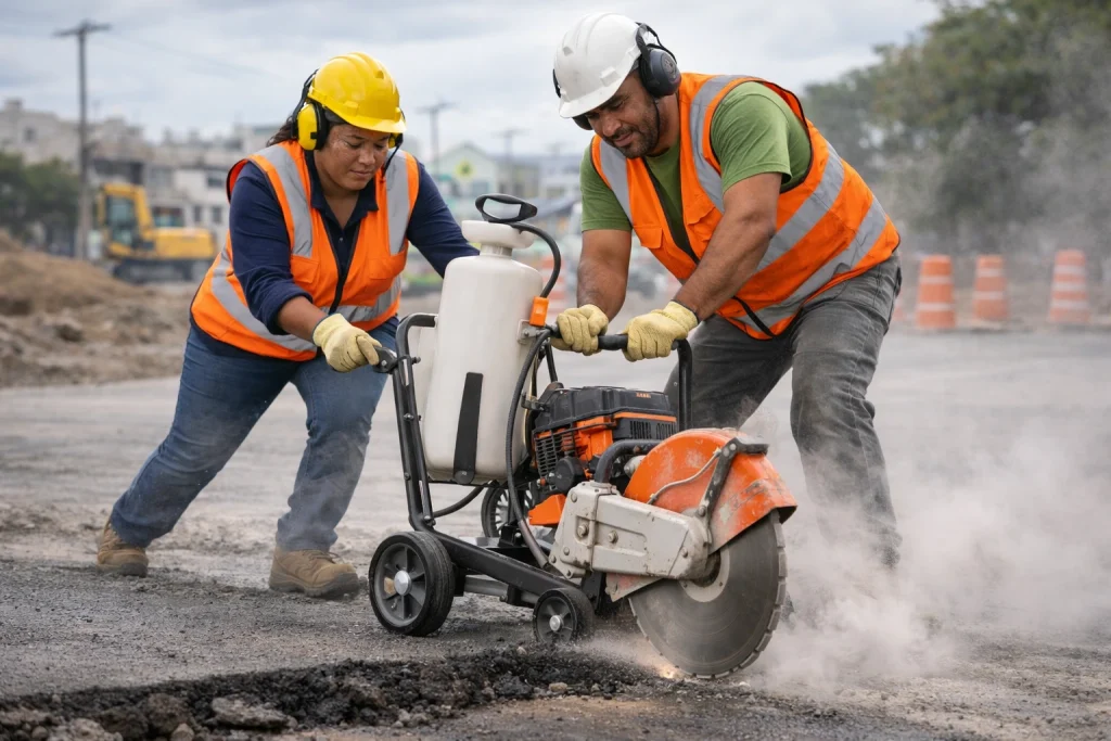 Dupla de operários utilizando cortadora à combustão em corte de asfalto