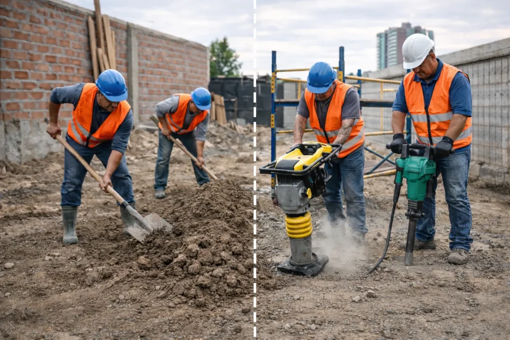 Comparação entre obra com ferramentas manuais e com aluguel de equipamentos para pequenas obras