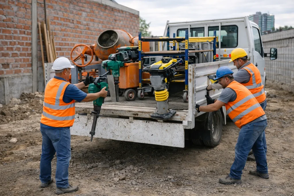 Profissionais organizam o carregamento de equipamentos para pequenas obras