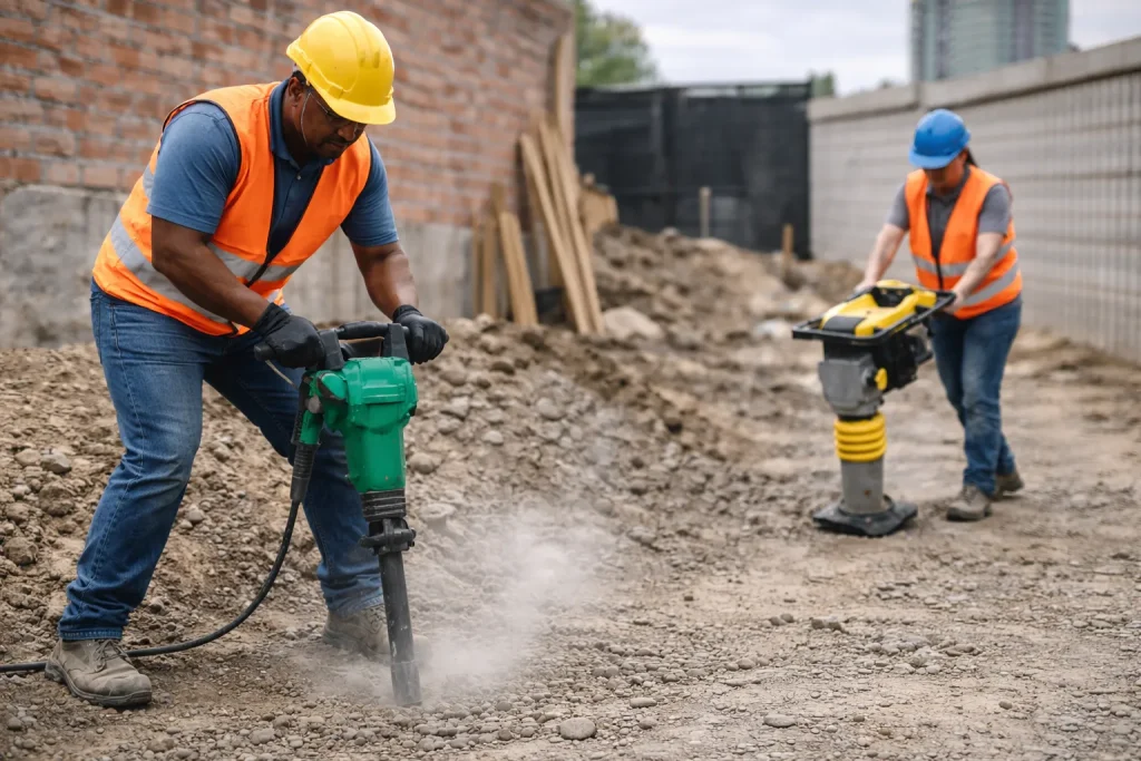 Trabalhadores utilizam martelete e compactador em obra com equipamentos alugados
