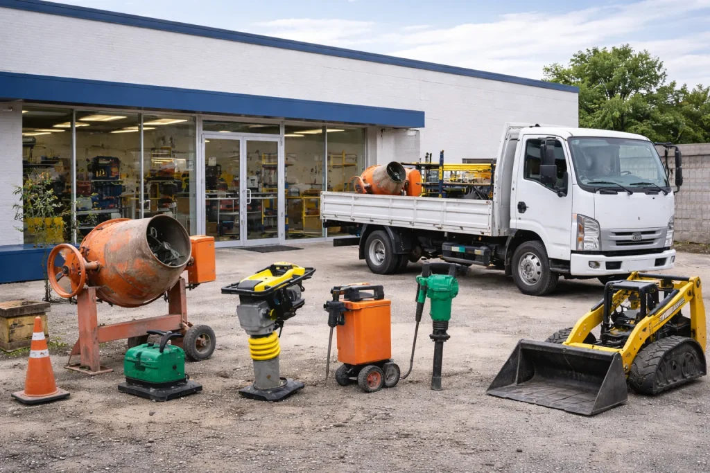 Equipamentos disponíveis para aluguel em frente à empresa de locação