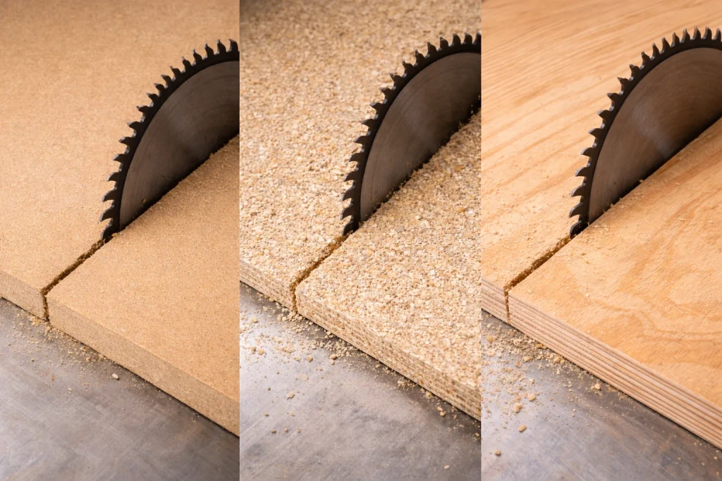 Disco de serra cortando diferentes tipos de madeira
