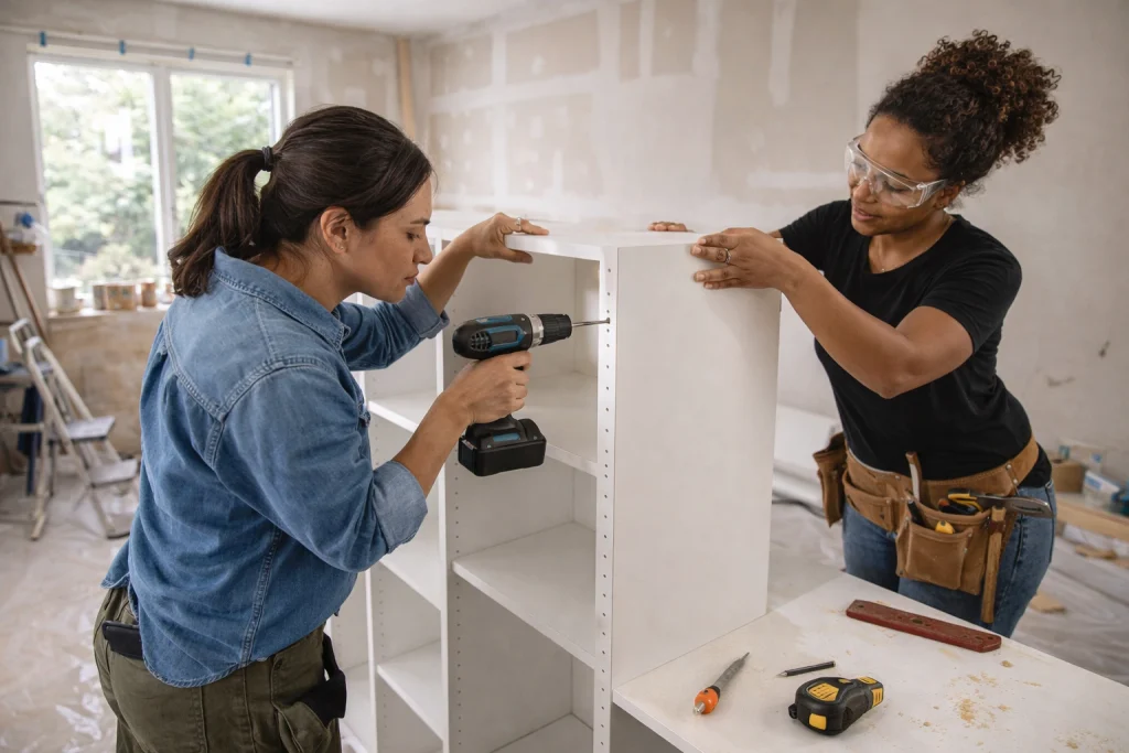 Mulheres montando móvel após cortes com serra de bancada alugada