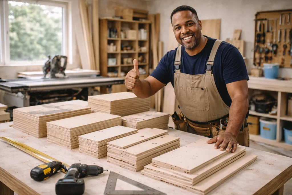 Marcenista satisfeito ao lado de várias peças cortadas com precisão