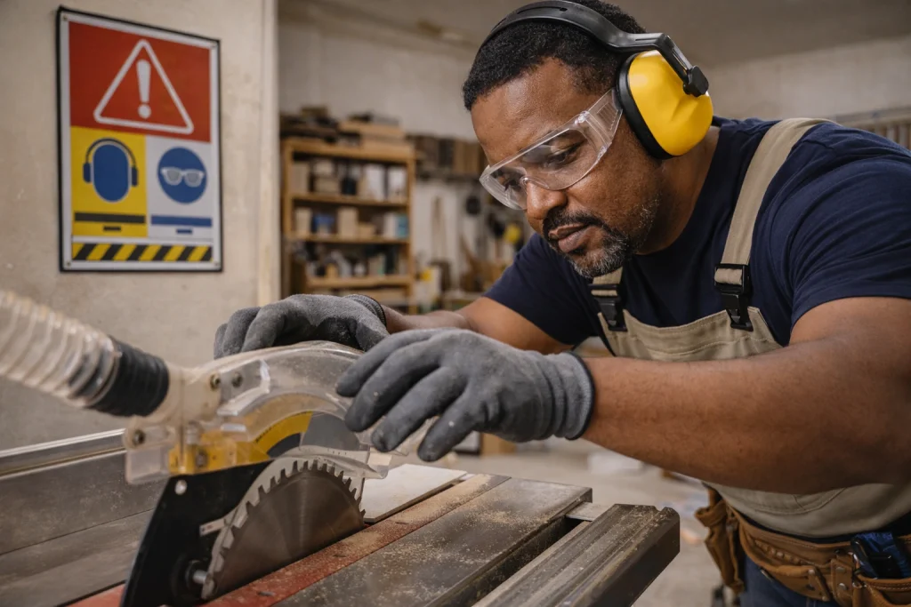 Marcenista operando serra com atenção e sinalização de segurança ao fundo