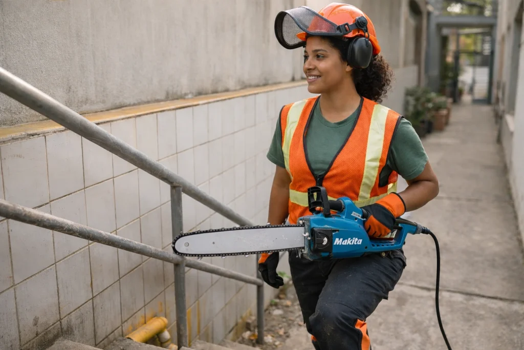 Mulher transportando motosserra leve após aluguel de motosserra elétrica