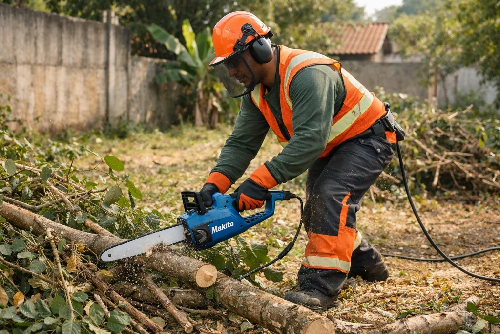Profissional realizando poda com aluguel de motosserra elétrica em terreno arborizado