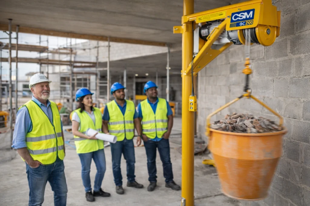 Aluguel de guincho de coluna com equipe de obra brasileira acompanhando içamento rápido de materiais com guincho CSM GC 200