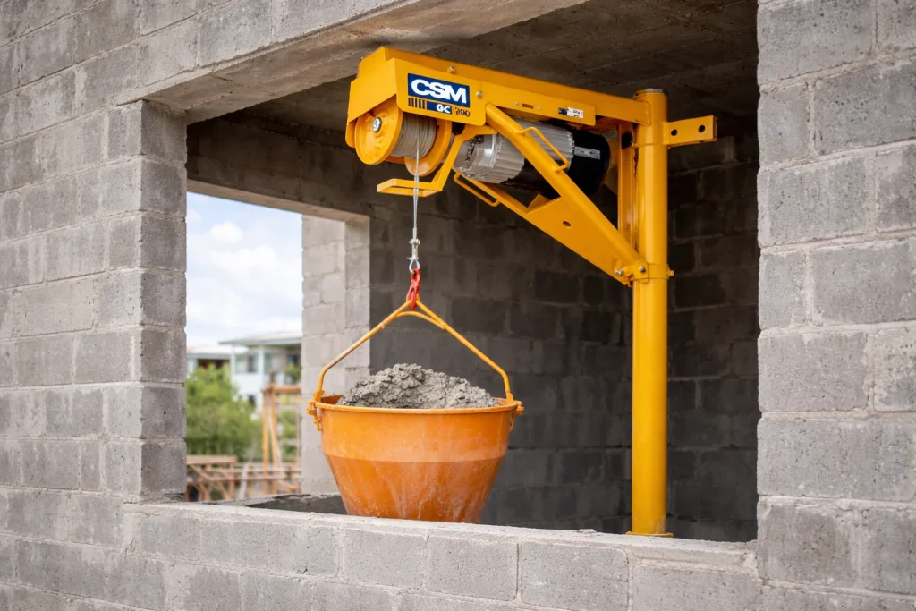 Guincho de coluna CSM GC 200 instalado em obra de dois pavimentos realizando elevação de materiais