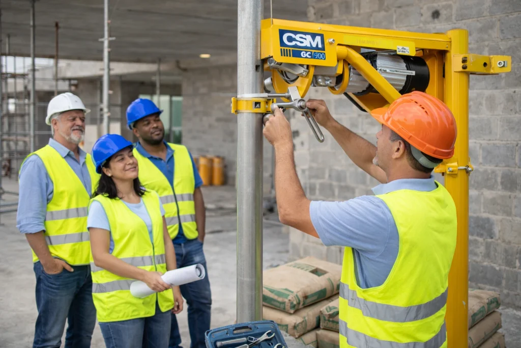 Instalação simples do guincho de coluna CSM GC 200 em canteiro de obras brasileiro