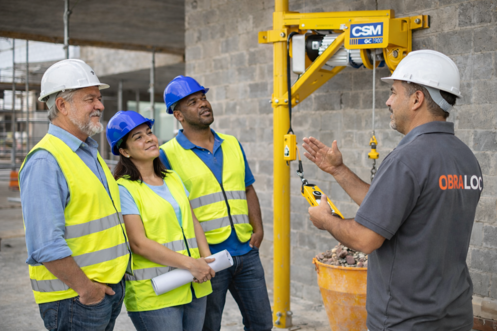 Orientação técnica no aluguel de guincho com equipe recebendo instruções de uso