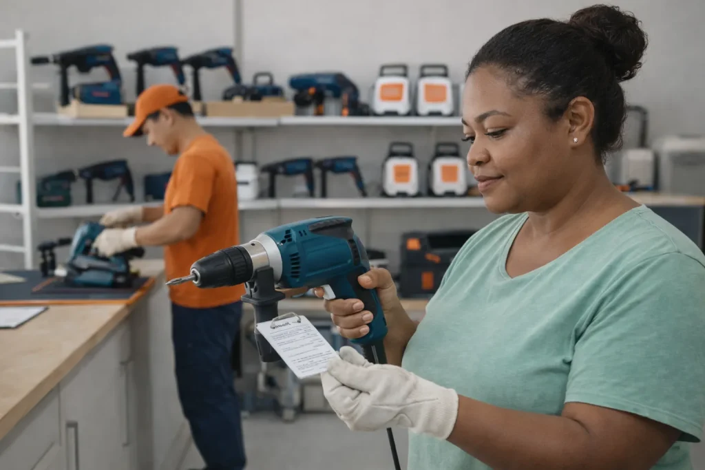 Cliente avaliando furadeira elétrica em loja de locação de ferramentas para reforma residencial organizada e profissional