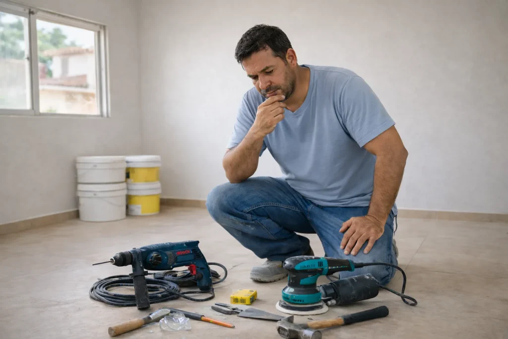 Homem planejando quais ferramentas alugar para reforma residencial antes de iniciar a obra