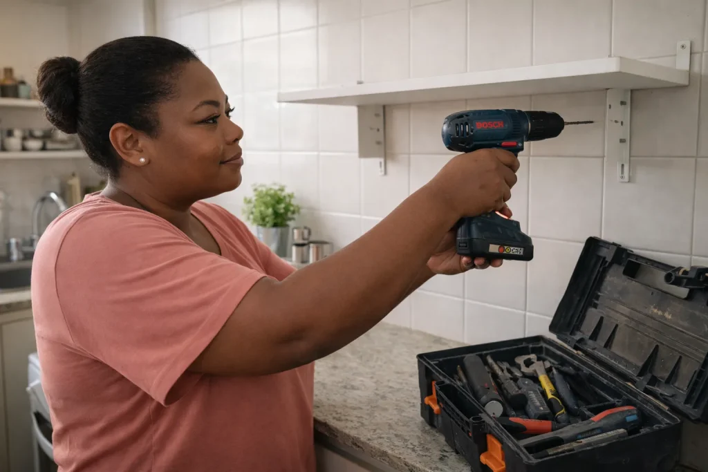 Cliente usando parafusadeira Bosch em reparo doméstico simples com locação de ferramentas para reforma residencial