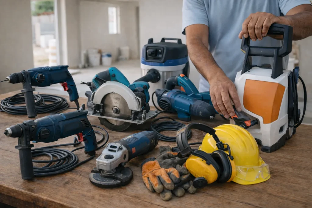 Mesa com equipamentos de locação de ferramentas para reforma residencial organizados para diferentes tipos de serviço