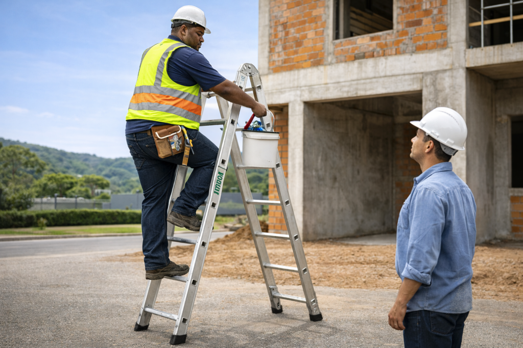 Profissional usando escada articulada em obra com orientação de segurança no local