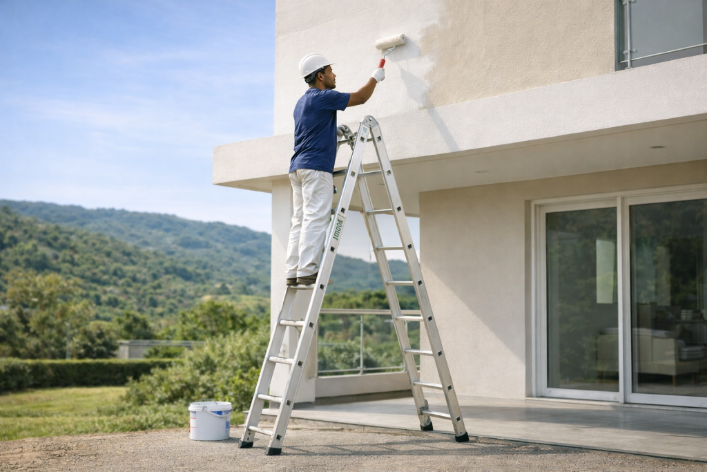 Pintura residencial em área externa com escada adequada e apoio no solo nivelado