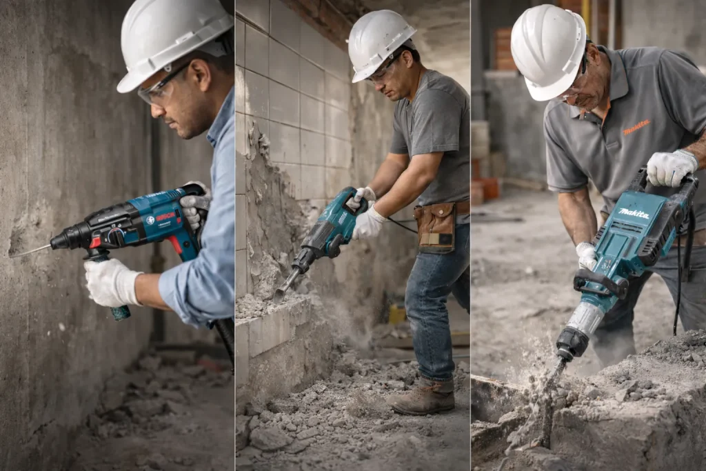 Profissional utilizando martelete perfurador Bosch para perfuração em parede de concreto durante obra.