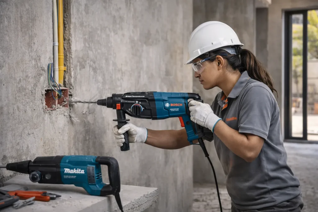 Martelete perfurador Bosch sendo utilizado para instalação elétrica em parede de alvenaria.