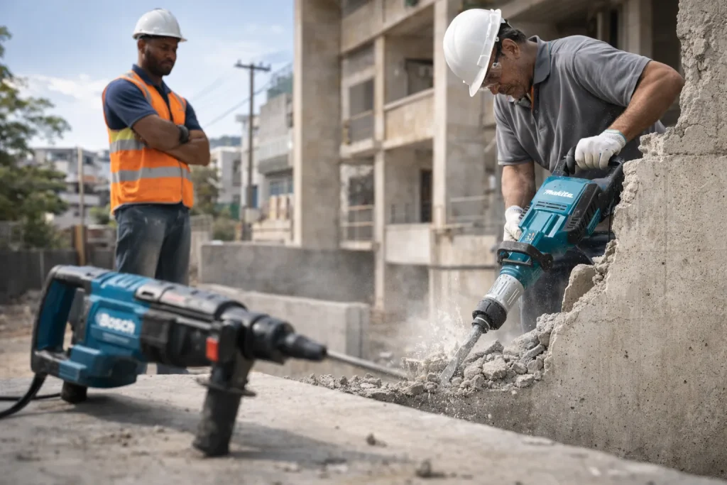 Martelete perfurador Makita 30kg em ação na demolição de estrutura de concreto armado.