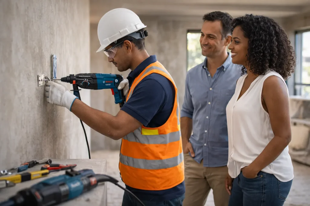 Martelete perfurador Bosch realizando perfuração em concreto para fixação de suportes.