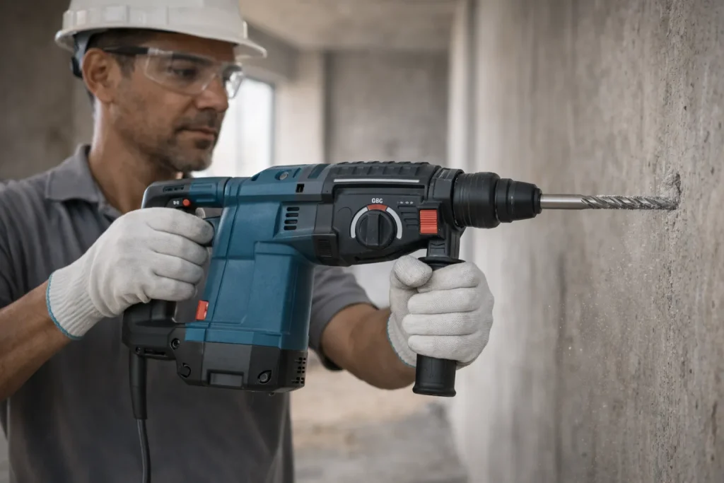 Profissional utilizando martelete perfurador para perfuração precisa em parede de concreto durante reforma.