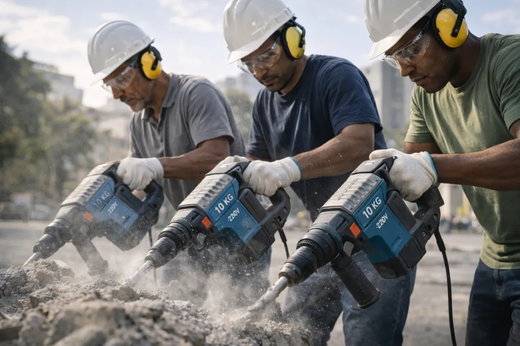 Equipe utilizando martelete10kg 220V para remoção de concreto em obra externa.