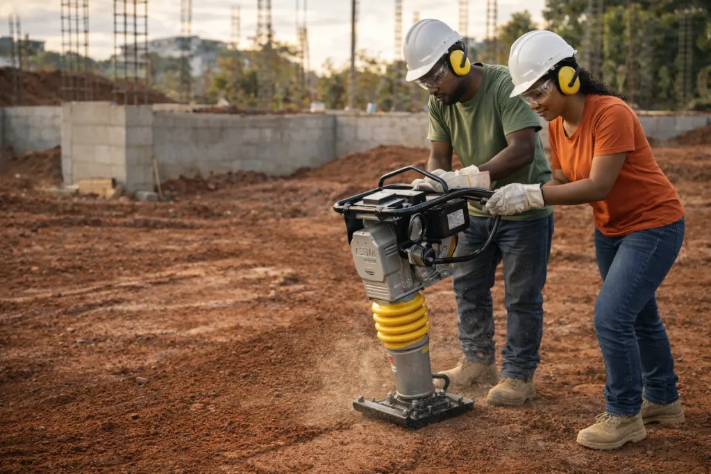 Compactador em Nova Lima sendo utilizado para compactação de solo em canteiro de construção